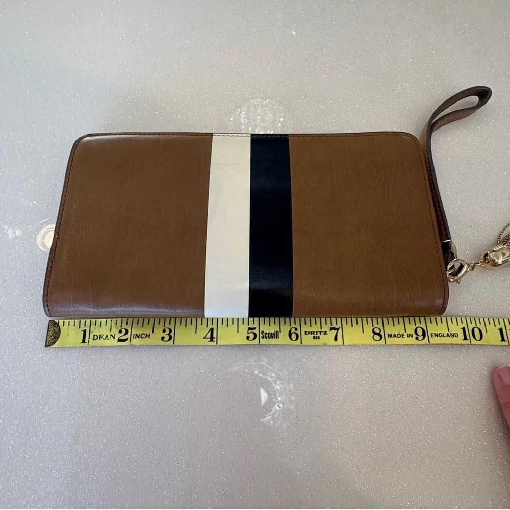 The Limited Tan and Gold Wallet Wristlet Clutch Gold Tassle Chain Beige striped